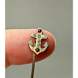 Antique Victorian Gold Filled Stick Pin Late 1800s Anchor Nautical Red White Cab